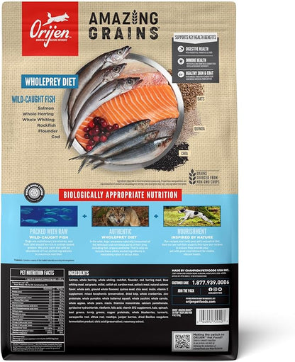 ORIJEN Amazing Grains High Protein Dry Dog Food Six Fish Recipe 4lb Bag