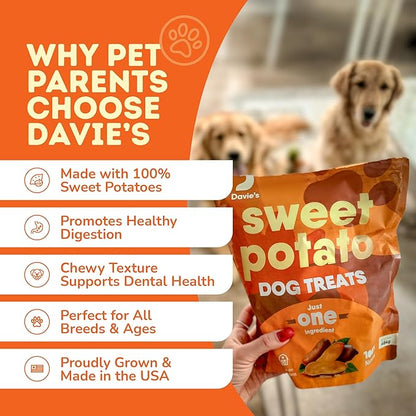 Davie's Sweet Potato Dog Treats - Healthy, Natural, Low Fat Chews Made in USA Only, 0.5 lb. Bag