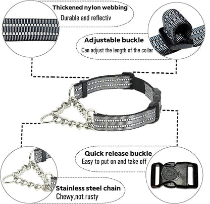 Martingale Dog Collars, Reflective Nylon Collar with Stainless Steel Chain, Adjustable Walking Training Dog Collars with Quick Release Buckle, Suitable for Small Medium Large Dogs(Gray,L)