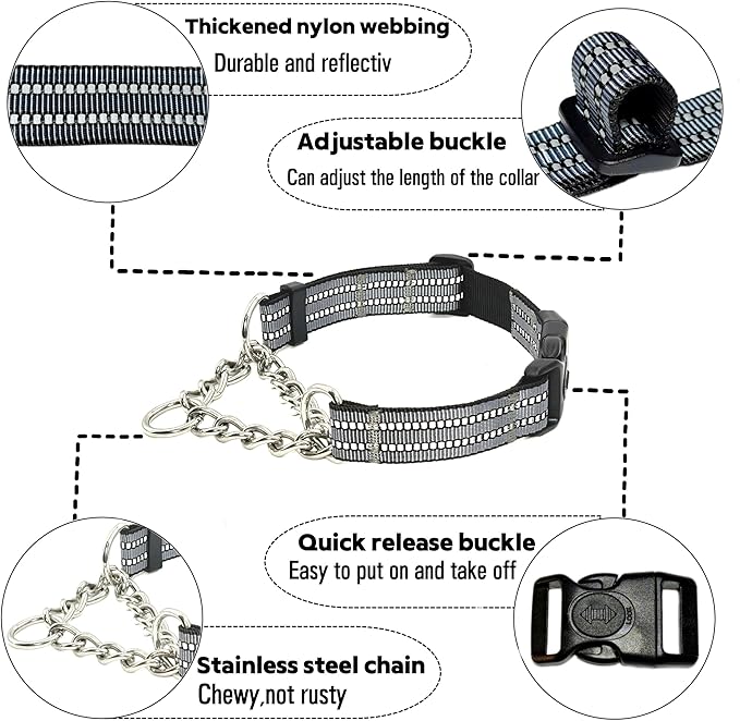 Martingale Dog Collars, Reflective Nylon Collar with Stainless Steel Chain, Adjustable Walking Training Dog Collars with Quick Release Buckle, Suitable for Small Medium Large Dogs(Gray,S)