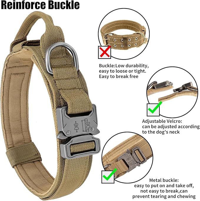 Tactical Dog Collar - Military Dog Collar, Adjustable Heavy Duty Metal Buckle Nylon Collar with Control Handle for Small Medium Large Dogs, (Brown, L)