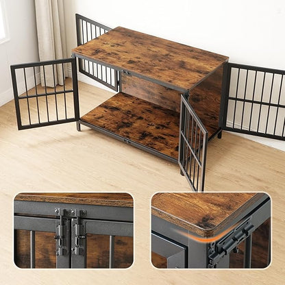 HOOBRO Heavy Duty Dog Crate Furniture, 39.4" Wooden Indoor Kennel with 3 Doors, Chew Resistant Metal Cage for Medium and Large Breeds, Dog Crate Side Table, Black and Rustic Brown BF101GW03