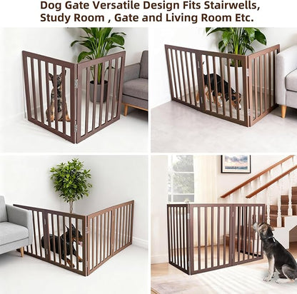 ZJSF Freestanding Indoor Dog Gate for House Foldable Wood Brown Puppy Gate for Doorways Pet Gate for Stairs Extra Wide Pet Fence 24" Height 2 Panels