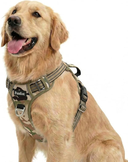Funfox Dog Harness No Pull, Adjustable Pet Vest Harness, Super Soft Material with Vertical Handle Easy Control, Reflective Night Walking, 2 Leash Clips for Large Dogs, Camo Green, L