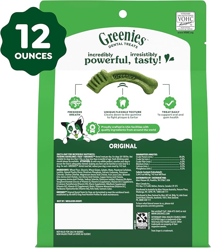 Greenies Veterinarian-Recommended Adult Natural Dental Dog Treats Large Size, Dog Dental Chews, Original Flavor, 12 oz. Pack, 8 Count