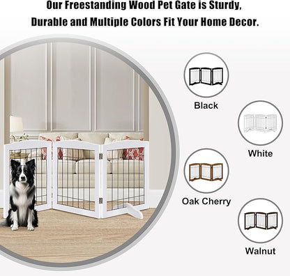 LZRS 3-Panel Freestanding Adjustable Wooden Dog Gate—30" Tall Foldable Pet Barrier with Support Feet, Chew-Resistant Solid Hardwood & Steel Wire Safety Fence for Doorways, Hallways, and Stairs, White