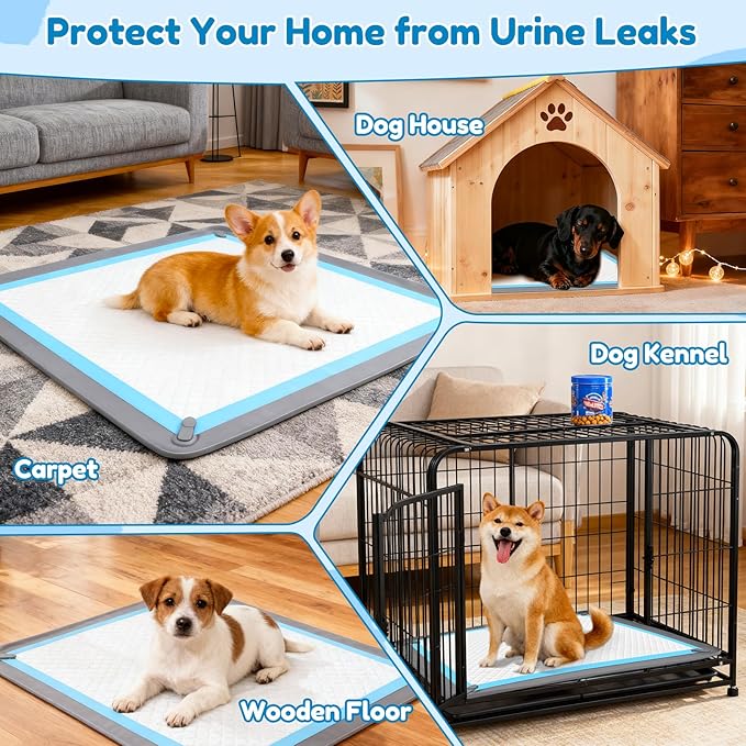 Puppy Pad Holder, 24” x 24” Dog Pee Pad Holder Tray with 4 Magnetic Clips, No Spill Raised Edge Indoor Silicone Dog Potty Trays, Leak-Proof Square Dog Toilet Training Pads Mat for Floor Protection