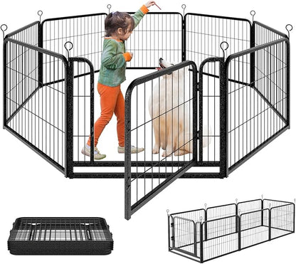 Kfvigoho Puppy Playpen 8 Panels Small Dog Fence Outdoor Indoor Use 24" Height Anti-Rust with Doors Portable Dog Play Pen for RV Camping Yard, Total 17FT, 25 Sq.ft, Snowy Black