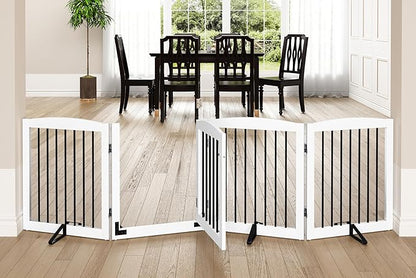 PUPETPO Freestanding Dog Gate with Door, Pet Gate for Stairs, 80 inch Wide Pet Barrier Indoor, Dog Fences Indoor, Support Feet Included, 4 Panels, 24" Tall, White & Black
