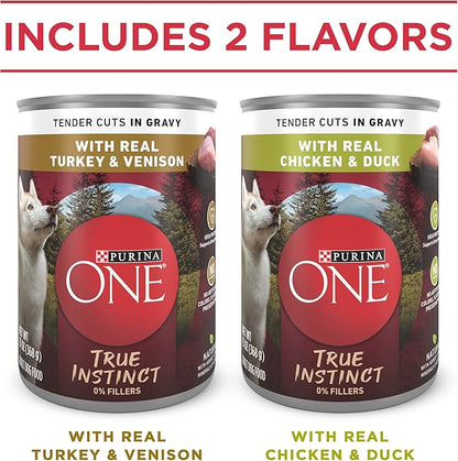 Purina ONE True Instinct Tender Cuts in Gravy with Real Turkey and Venison & with Real Chicken and Duck High Protein Wet Dog Food Variety Pack - 13 oz. Cans,(Pack of 24)