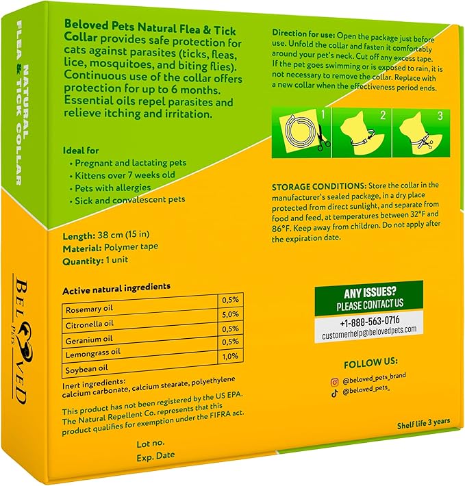 Natural Flea & Tick Collar for Cats - 6 Months Control of Best Prevention & Safe Treatment - Anti Fleas and Ticks Essential Oil Repellent (1 Pack)