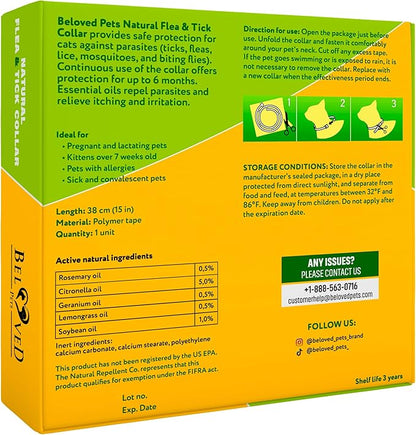 Natural Flea & Tick Collar for Cats - 6 Months Control of Best Prevention & Safe Treatment - Anti Fleas and Ticks Essential Oil Repellent (1 Pack)