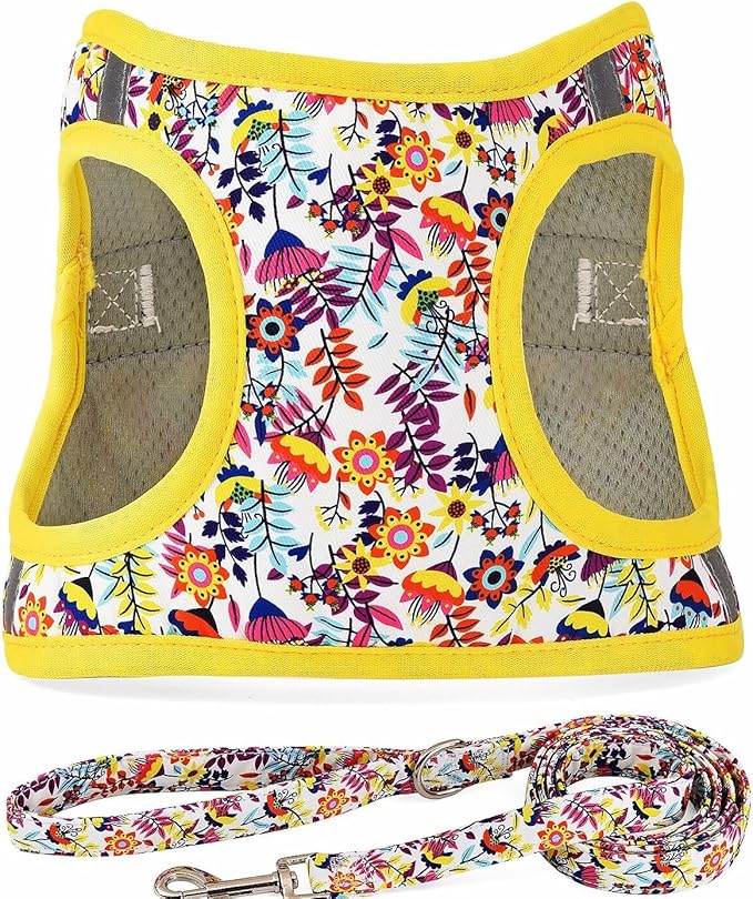 Moonpet Step in Dog Harness Leash Set- All Weather Reflective No-Pull Floral Pattern Padded Mesh Vest Harness for Cats Puppy Extra-Small Small Medium Large Dogs - White Flower - S
