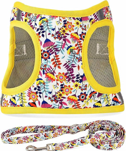 Moonpet Step in Dog Harness Leash Set- All Weather Reflective No-Pull Floral Pattern Padded Mesh Vest Harness for Cats Puppy Extra-Small Small Medium Large Dogs - White Flower - XL