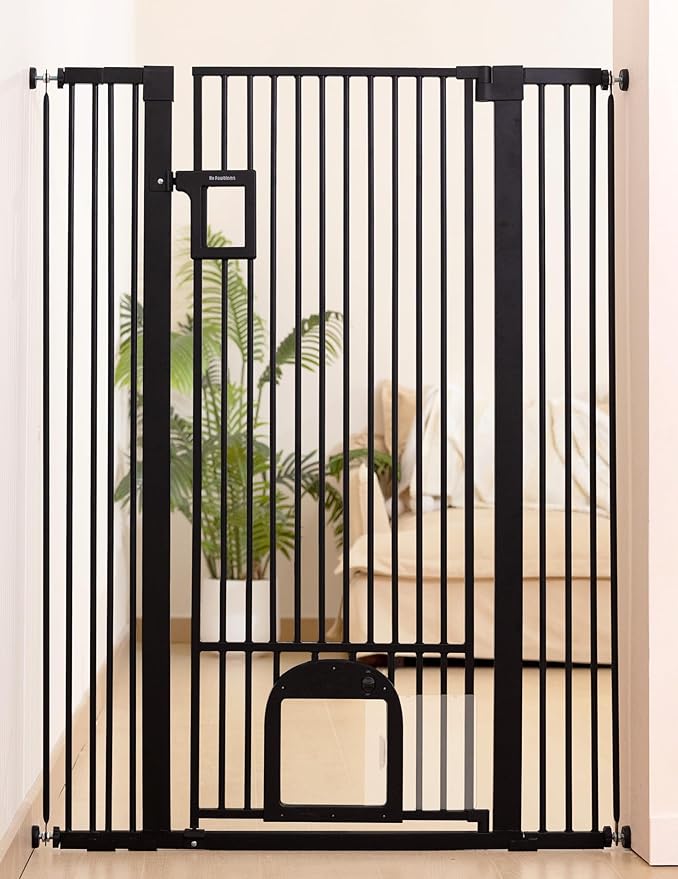 No Pawblems 55" Extra Tall Pet Gate with Adjustable Cat Door, 29-43" Auto Close Dog Gate, NO Drilling Pressure Mounted for Doorways/Hallways, 1.37" Narrow Bar Spacing, Black