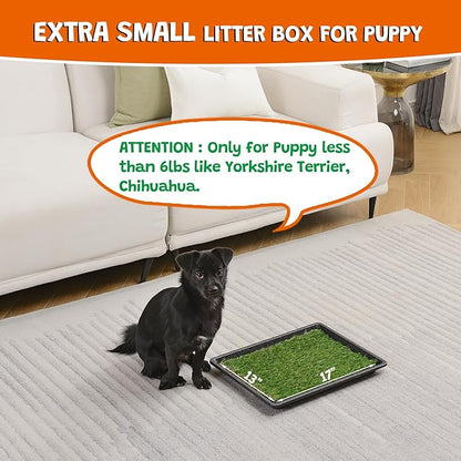 MEEXPAWS Dog Grass Pee Pads for Dogs with Tray | Extra Small 17 x 13 in for Puppy Less Than 6 lbs | 2× Artificial Grass Pads Replacement | Rapid Drainage | Indoor Dog Litter Box | Hemmed Edge