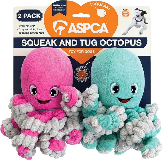 ASPCA 2-Pack Octopus Plush Dog Toys with Squeaker – Squeak & Tug Interactive Toys with Bungee Legs, Soft Cuddly Plush for Fetch, Tug, and Playtime
