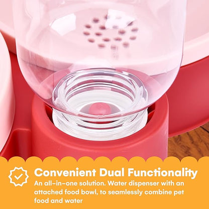 Noa Store Pet Food and Water Dispenser - 2 Removable Bowls - Gravity-Fed Drinking System for Cats and Dogs - 12x7x8 inches - Easy-to-Clean Feeder - Continuous Water Flow - Cat Feeding Station - Pink