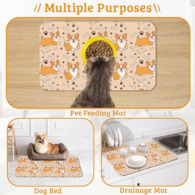 Corgi Feeding Mat,Cute Dogs Absorbent Quick-Dry Cat Dog Food and Water Bowl Mats,Non-Slip Rubber Backing Mat,Cat Dog Accessories Supplies 12" x 20"