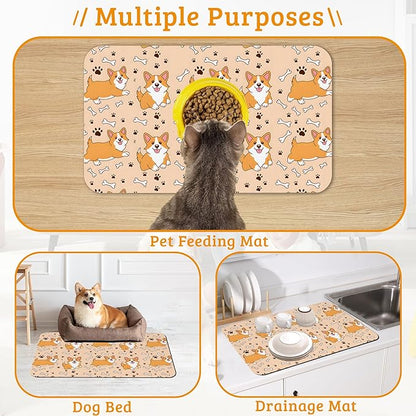 Corgi Feeding Mat,Cute Dogs Absorbent Quick-Dry Cat Dog Food and Water Bowl Mats,Non-Slip Rubber Backing Mat,Cat Dog Accessories Supplies 12" x 20"