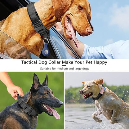 DAGANXI Tactical Dog Collar, Adjustable Military Training Nylon Dog Collar with Control Handle and Heavy Metal Buckle for Medium and Large Dogs, with Patches and Airtags Case (XXL, Black)