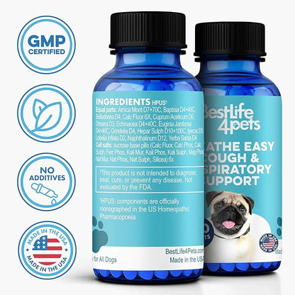 Breathe Easy Natural Cough Relief for Dogs - Gentle Senior Dog Respiratory, Congestion and Sneezing Relief Plus Trachea and Airway Support for Brachycephalic Dogs Ensures Calm Walks & Restful Sleep