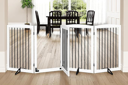PUPETPO Freestanding Dog Gates with Door Walk Through, 80 inch Wide Gates Indoor, Dog Fences Indoor, Support Feet Included, 4 Panels, 32" Tall, White & Black