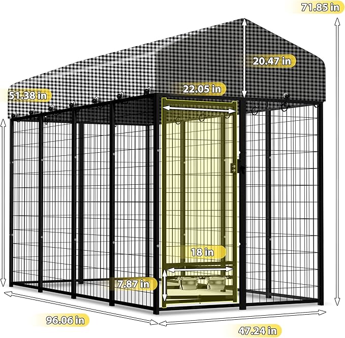Large Outside Dog Kennel, Outdoor Dog Run Enclosure 8'x4'x6'（Including The roof） Dog Pen House with Roof Cover Heavy Duty Welded Wire Steel Dog Playpen Animal Fence with Feeding Door