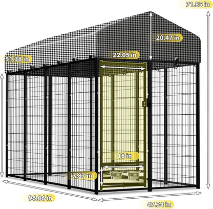 Large Outside Dog Kennel, Outdoor Dog Run Enclosure 8'x4'x6'（Including The roof） Dog Pen House with Roof Cover Heavy Duty Welded Wire Steel Dog Playpen Animal Fence with Feeding Door