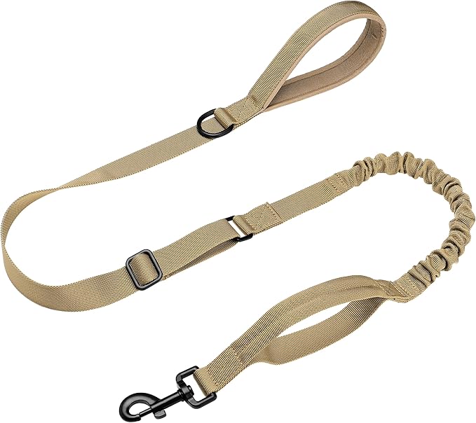 Forestpaw Tactical Dog Leash for Large Dogs,Heavy Duty Bungee Dog Leash with Shock Absorption,2 Padded Handles for Training Running Walking,Adjustable 4-5FT,Khaki