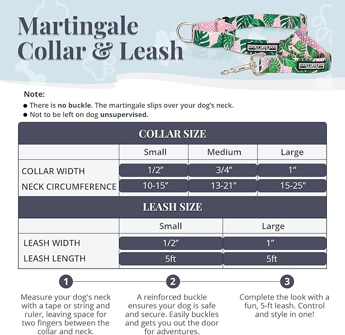 Lucky Love Dog Martingale Dog Collar & Leash - Adjustable, No-Slip, Durable, Comfortable, Soft Webbing, & Stylish Patterned Collar & Leash Set for Male and Female Dogs - Laguna Mart Combo, Medium