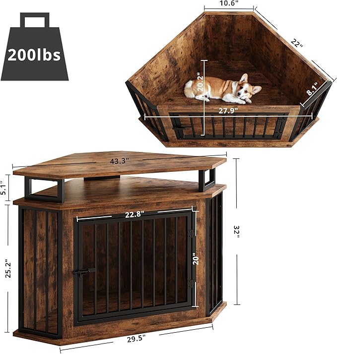 IRONCK 44" Corner Dog Crate with 2-Tier Shelves, Wooden Dog Kennel Furniture, Dog Kennel Indoor Furniture for Small and Medium Dogs, Rustic Brown (23.6" L x 43.3" W x 32.3" H)