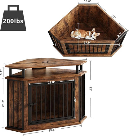 IRONCK 44" Corner Dog Crate with 2-Tier Shelves, Wooden Dog Kennel Furniture, Dog Kennel Indoor Furniture for Small and Medium Dogs, Rustic Brown (23.6" L x 43.3" W x 32.3" H)