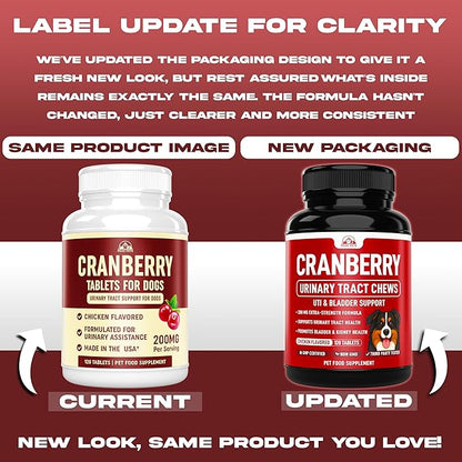 Cranberry Supplement for Dogs UTI Treatment (120 Chews) Dog Urinary Tract Support for Kidney & Bladder Health - Cranberry Relief Supplement for All Ages, Breeds & Sizes - Chicken Flavor - USA Made
