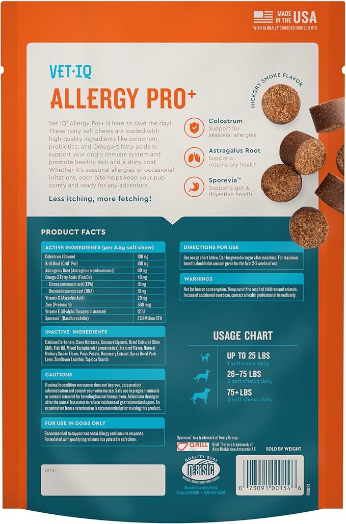 VetIQ Allergy Pro+ Soft Chews for Dogs, Dog Allergy Chews, Seasonal Support, Colostrum, Astragalus Root, Sporevia, Hickory Smoke Flavor, 60 Count