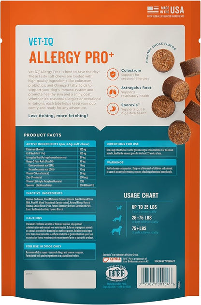 VetIQ Allergy Pro+ Soft Chews for Dogs, Dog Allergy Chews, Seasonal Support, Colostrum, Astragalus Root, Sporevia, Hickory Smoke Flavor, 60 Count