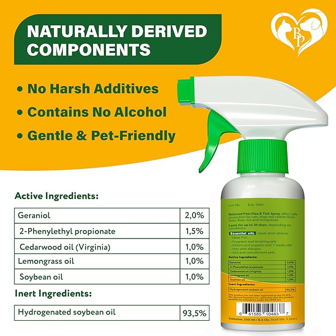 Natural Flea and Tick Home Spray for Dogs, Cats & Ferret - Mosquito, Bug Repellent & Carpet Flea Killer - Pet Pest Control & House Flea Treatment Indoor - Organic Prevention for Safe