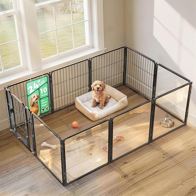 FXW AuraSpace Pro Acrylic & Wire Mesh Indoor Dog Playpen, 24" Height 10 Panels Metal Dog Pen for Puppies & Small Dogs, Black│Patented