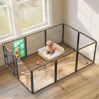 FXW AuraSpace Pro Acrylic & Wire Mesh Indoor Dog Playpen, 24" Height 10 Panels Metal Dog Pen for Puppies & Small Dogs, Black│Patented