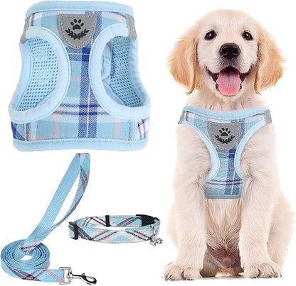 PUPTECK Adjustable Dog Harness Collar and Leash Set Step in No Pull Pet Harness for Small Medium Dogs Puppy and Cats Outdoor Walking Running, Soft Mesh Padded Reflective Vest Harnesses, Blue XL