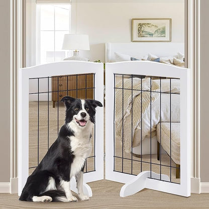 LZRS 2-Panel Freestanding Adjustable Wooden Dog Gate—30” Tall Foldable Pet Barrier with Support Feet, Solid Hardwood & Chew-Resistant Steel Wire for Doorways, Hallways, and Stairs, White