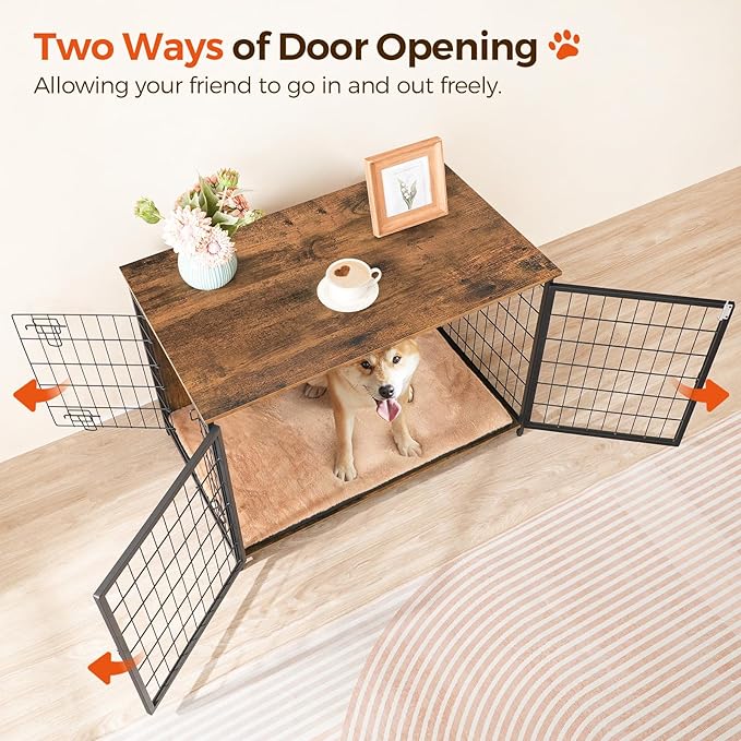 MAHANCRIS Dog Crate Furniture with Cushion, Wooden Dog Kennel with Double Doors, Heavy Duty Dog Cage for Small/Medium/Large Dogs, Indoor Dog House End Table, 39.4" L, Rustic Brown DCHR10701