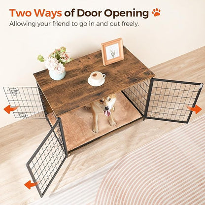 MAHANCRIS Dog Crate Furniture with Cushion, Wooden Dog Kennel with Double Doors, Heavy Duty Dog Cage for Small/Medium/Large Dogs, Indoor Dog House End Table, 39.4" L, Rustic Brown DCHR10701