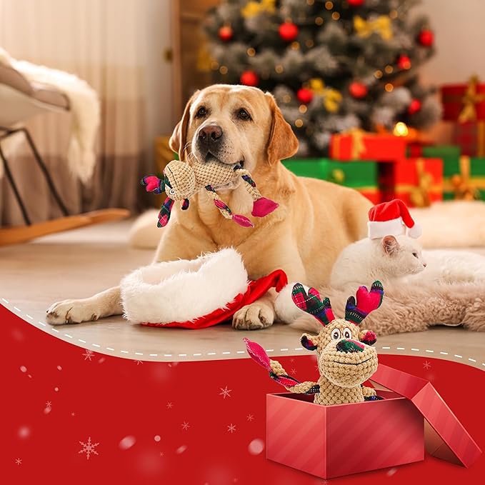 Christmas Squeaky Dog Toys, Stuffed Large Dog Toys to Keep Them Busy, Interactive Plush Chew Toys with Crinkle Paper, Tough Pet Animal Toys for Small Medium Large (Elk)