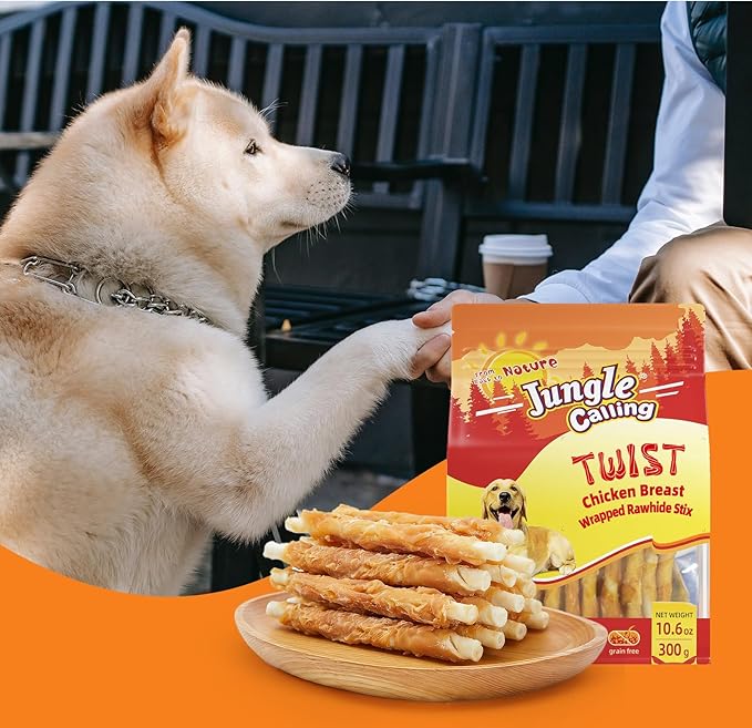 Jungle Calling Dog Treats, Chicken Wrapped Rawhide Sticks for Dogs, Grain-Free Natural Small Dogs Training Treats, Pet Chew Snacks,10.6 oz