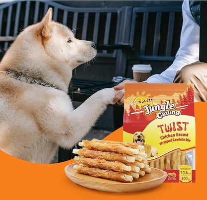 Jungle Calling Dog Treats, Chicken Wrapped Rawhide Sticks for Dogs, Grain-Free Natural Small Dogs Training Treats, Pet Chew Snacks,10.6 oz