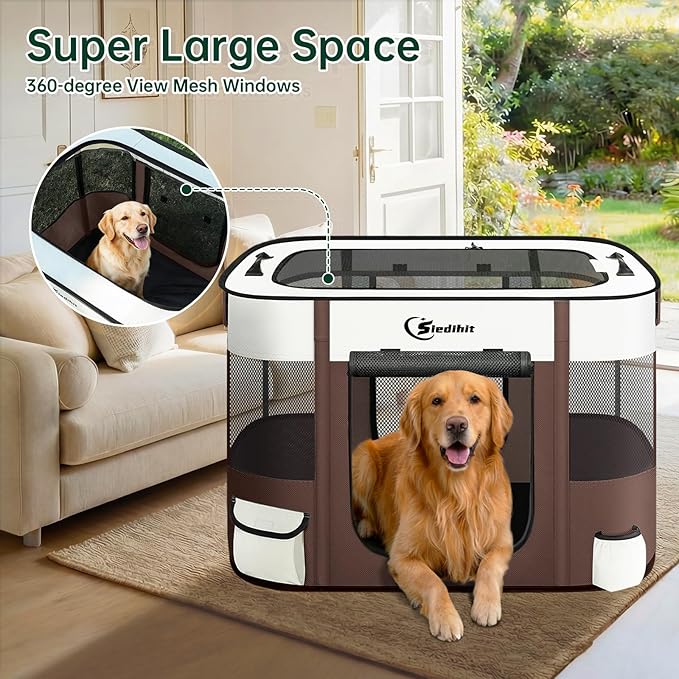 Dog Playpen,Cat Pet Puppy Pen,Portable Playpens for Dogs Indoor Outdoor Travel Camping Use,Foldable Dog Kennel Tent Crate for Rabbit Small Animals with Carrying Case (Brown, Large)