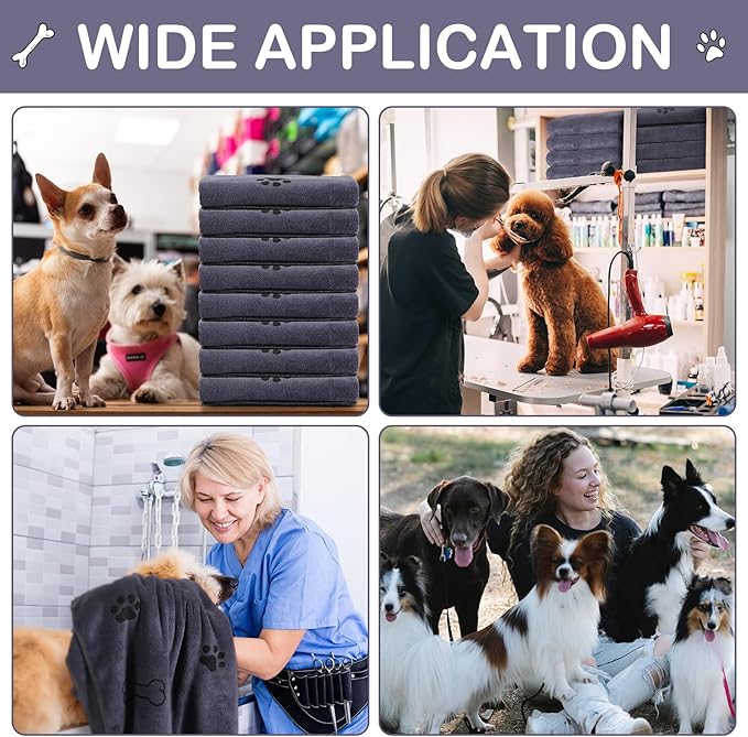 Chumia 8 Pcs Dog Towels for Drying Dogs Cats Pet Towels Bulk Puppy Microfiber Fast Drying Paw Bath Bathing Supplies Absorbent for Medium Pets(55 x 28 Inch,Dog Paw and Bone,Gray)