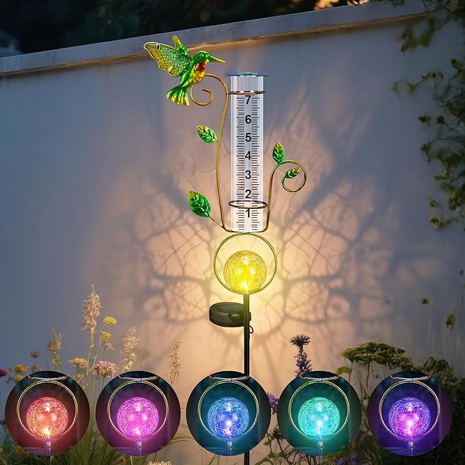 Rain Gauge Outdoor - Solar Rain Gauges Hummingbird Decorative with Color Changing LED Cracked Ball Lights 7" Freeze Proof Tube Rain Gauge Outdoors Best Rated for Yard Lawn Patio Garden Decor
