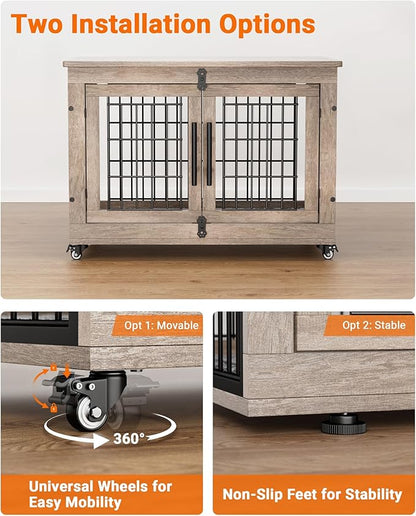Dog Crate Furniture with Cushion Set of 2, Wooden Dog Kennel Indoor with Wheels & Double Doors, Dog Cage Side End Table for Medium Small Dogs up to 45 lb, 32.5” L, Grey